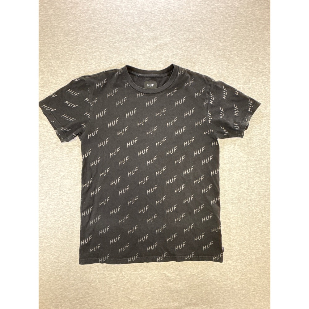 HUF Worldwide Mens All Over Logo Print T-Shirt Black Lightning Bolt Size M